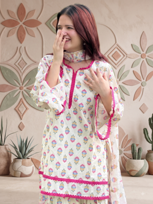 Off white cotton floral printed kurta set with farshi pant and dupatta 2