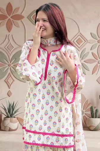 Off white cotton floral printed kurta set with farshi pant and dupatta