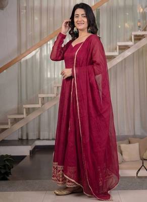 Rani pink embroidery crunchy silk full stitched anarkali suit 1