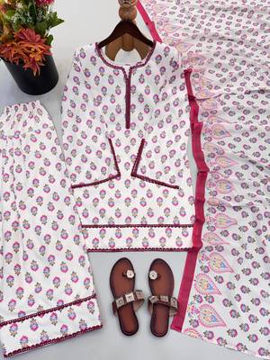 Off white cotton floral printed kurta set with farshi pant and dupatta 3