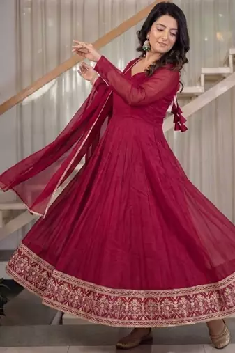 Rani pink embroidery crunchy silk full stitched anarkali suit