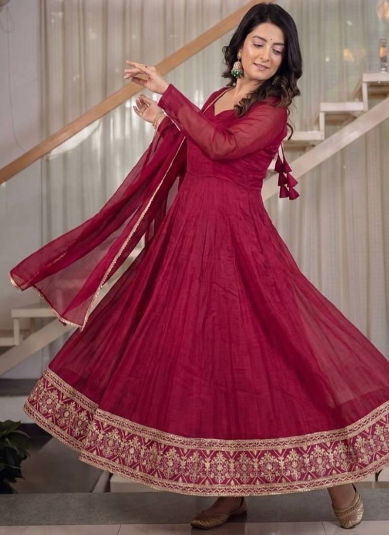 Rani pink embroidery crunchy silk full stitched anarkali suit