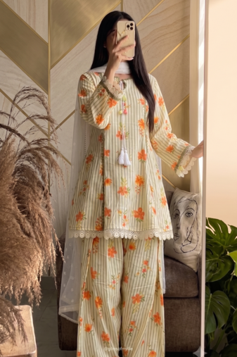 Ellow floral printed cotton short kurti with farshi pant and dupatta set