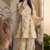Ellow floral printed cotton short kurti with farshi pant and dupatta set