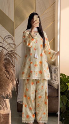 Ellow floral printed cotton short kurti with farshi pant and dupatta set 1