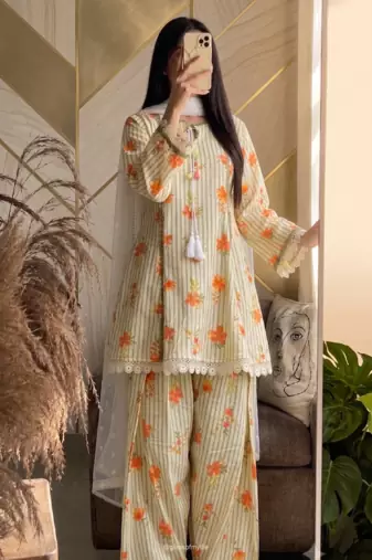 Ellow floral printed cotton short kurti with farshi pant and dupatta set