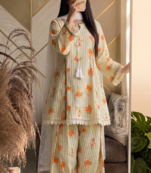 Ellow floral printed cotton short kurti with farshi pant and dupatta set