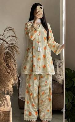 Ellow floral printed cotton short kurti with farshi pant and dupatta set 1