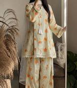 Ellow floral printed cotton short kurti with farshi pant and dupatta set