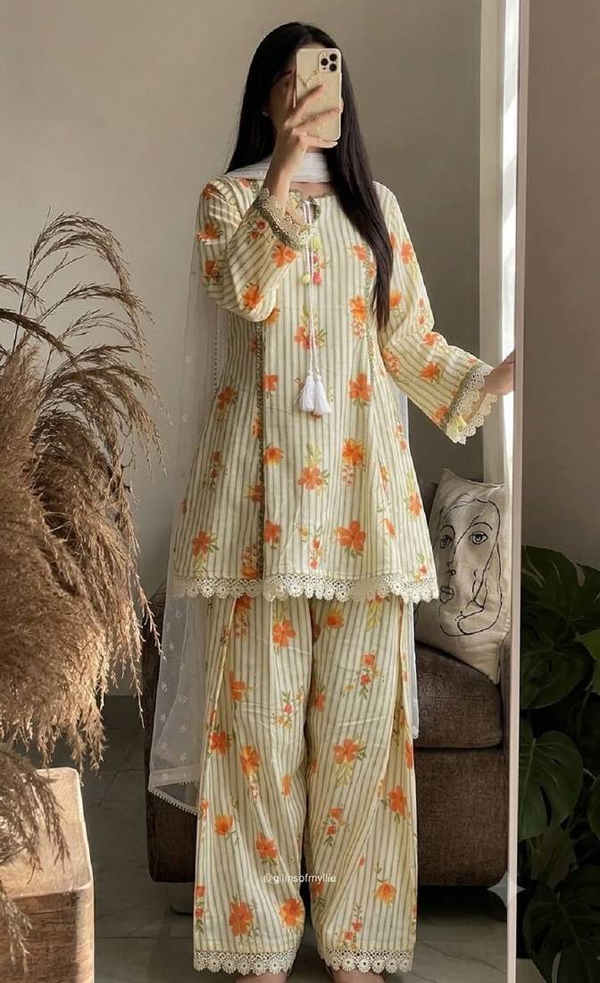 Ellow floral printed cotton short kurti with farshi pant and dupatta set