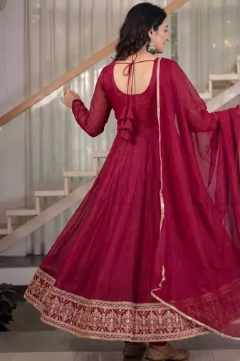 Rani pink embroidery crunchy silk full stitched anarkali suit