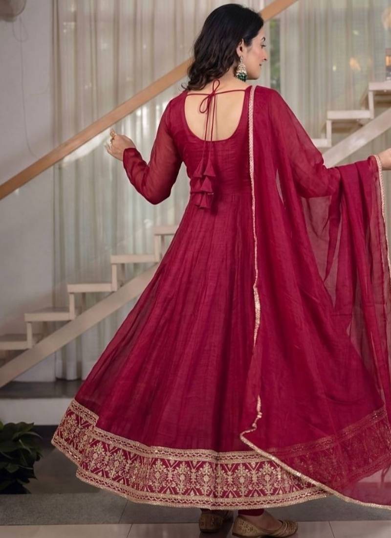 Rani pink embroidery crunchy silk full stitched anarkali suit