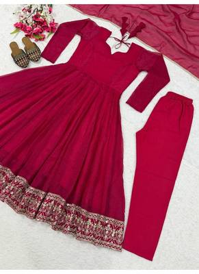 Rani pink embroidery crunchy silk full stitched anarkali suit 4