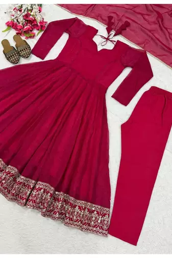 Rani pink embroidery crunchy silk full stitched anarkali suit