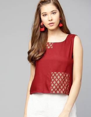 Women Maroon Solid Top with Block Print Detail 1