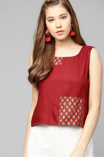 Women Maroon Solid Top with Block Print Detail