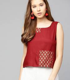 Women Maroon Solid Top with Block Print Detail
