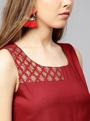 Women Maroon Solid Top with Block Print Detail 2