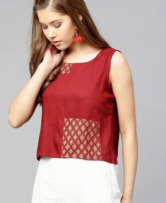 Women Maroon Solid Top with Block Print Detail 3