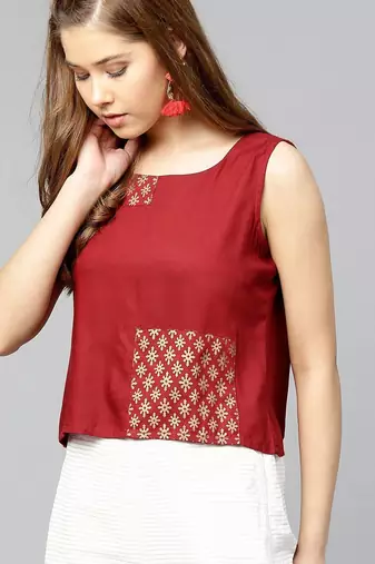 Women Maroon Solid Top with Block Print Detail
