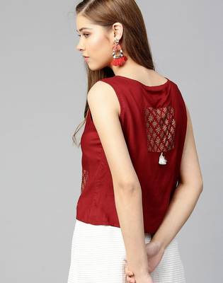 Women Maroon Solid Top with Block Print Detail 4
