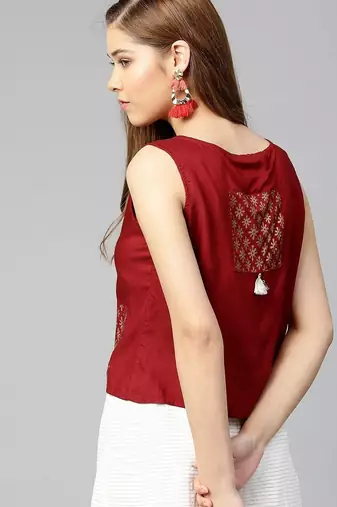 Women Maroon Solid Top with Block Print Detail