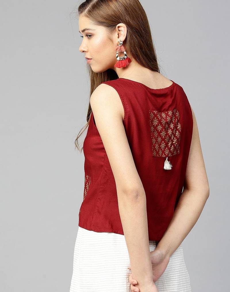 Women Maroon Solid Top with Block Print Detail