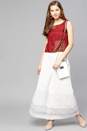 Women Maroon Solid Top with Block Print Detail