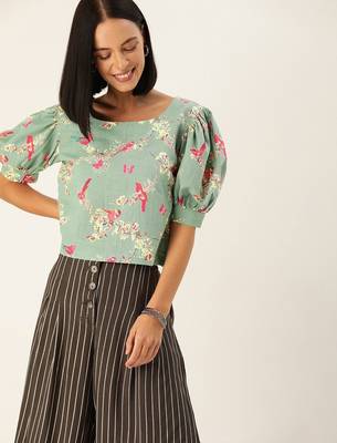 Blue & Pink Floral Puff Sleeved Crop Top 1