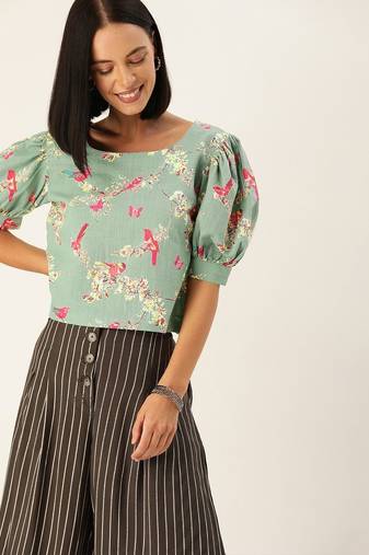 Blue & Pink Floral Puff Sleeved Crop Top
