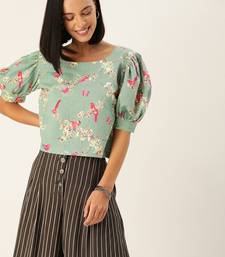 Blue & Pink Floral Puff Sleeved Crop Top