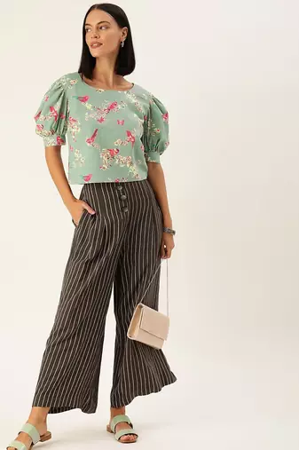 Blue & Pink Floral Puff Sleeved Crop Top