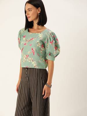 Blue & Pink Floral Puff Sleeved Crop Top 3