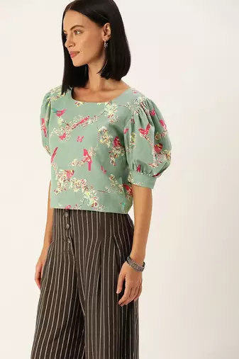 Blue & Pink Floral Puff Sleeved Crop Top