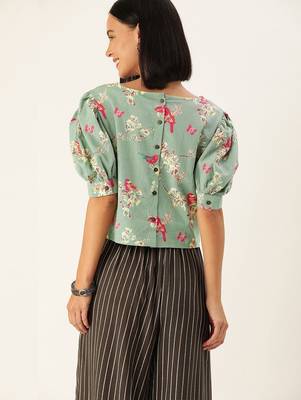 Blue & Pink Floral Puff Sleeved Crop Top 4