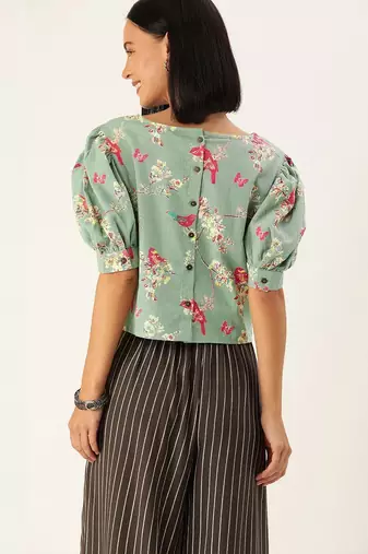 Blue & Pink Floral Puff Sleeved Crop Top