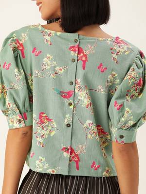 Blue & Pink Floral Puff Sleeved Crop Top 5