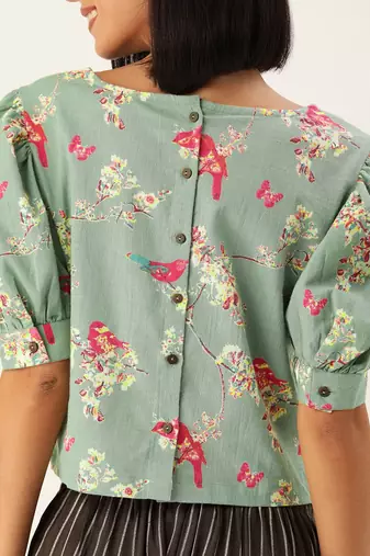 Blue & Pink Floral Puff Sleeved Crop Top