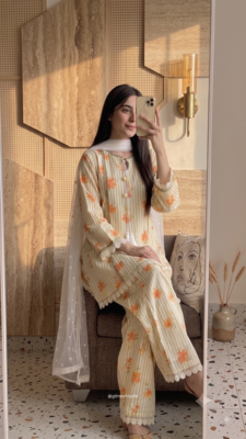 Ellow floral printed cotton short kurti with farshi pant and dupatta set 2
