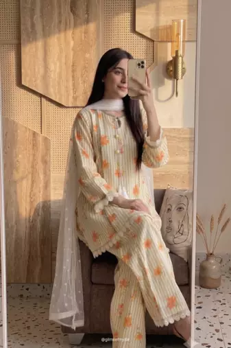 Ellow floral printed cotton short kurti with farshi pant and dupatta set