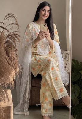 Ellow floral printed cotton short kurti with farshi pant and dupatta set 2