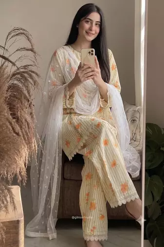 Ellow floral printed cotton short kurti with farshi pant and dupatta set