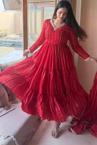 Red embroidery brocade full stitched anarkali suit