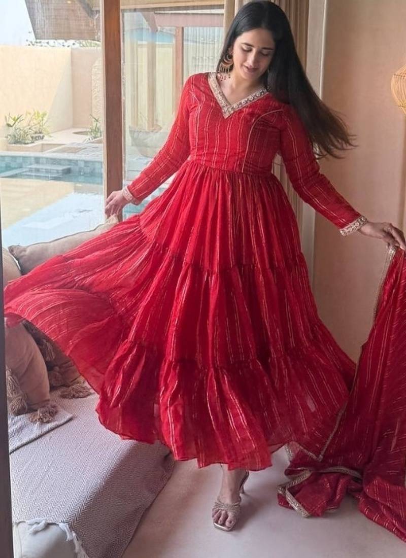 Red embroidery brocade full stitched anarkali suit