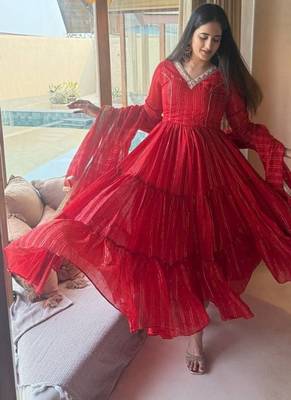 Red embroidery brocade full stitched anarkali suit 3