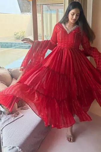 Red embroidery brocade full stitched anarkali suit
