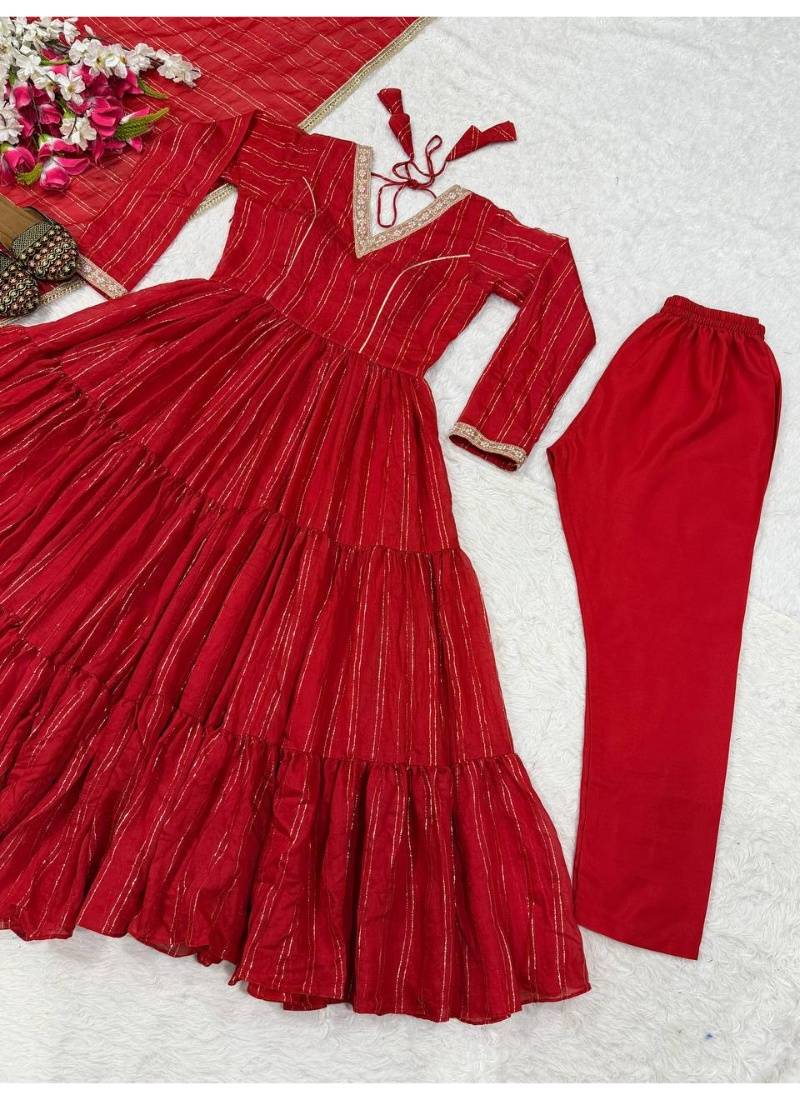 Red embroidery brocade full stitched anarkali suit