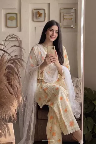 Ellow floral printed cotton short kurti with farshi pant and dupatta set
