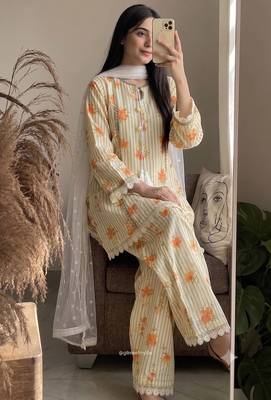 Ellow floral printed cotton short kurti with farshi pant and dupatta set 3