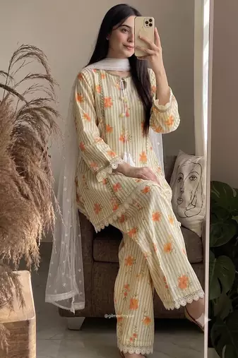 Ellow floral printed cotton short kurti with farshi pant and dupatta set